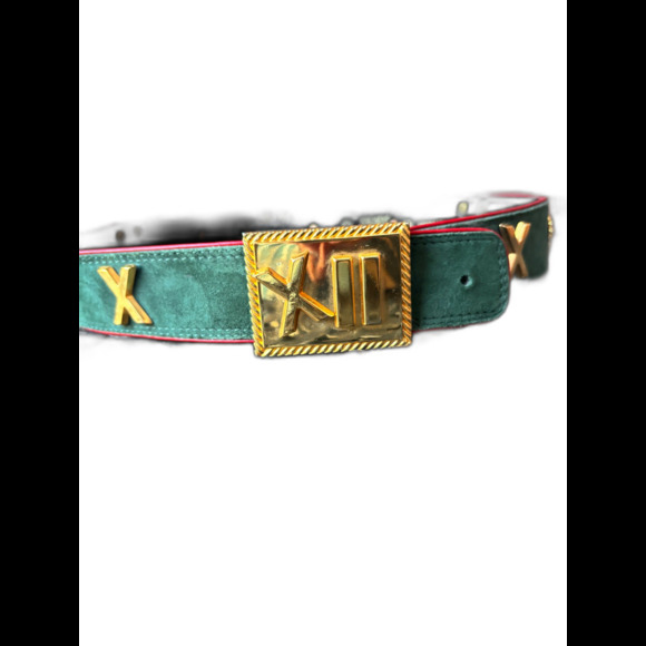 Escada Belt Green Suede with Red edging,  Gold Buckle and Gold Roman Numerals - Picture 2 of 10